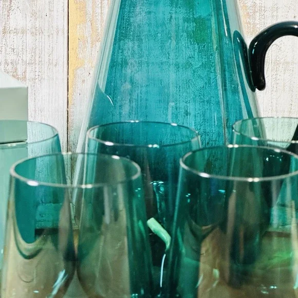 Kaj Franck Finland Teal Blue Glass Pitcher Nuutajarvi Iittala